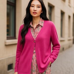 J. Jill Pink Single Button Front Wool Blend Long Cardigan Sweater Size PM EUC